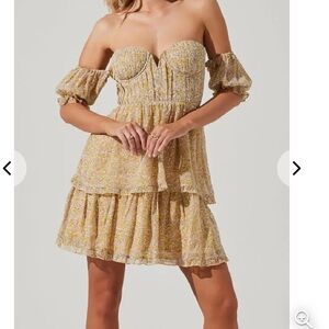 astr the label yellow floral off the shoulder tiered mini dress size small NEW